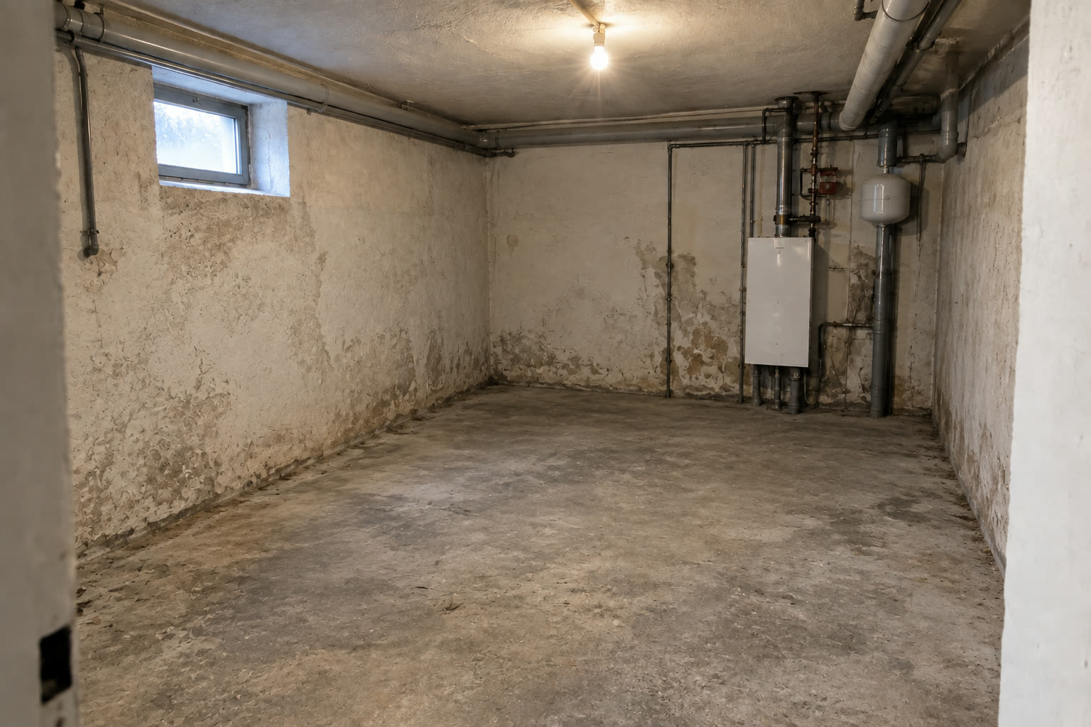 Derselbe Kellerraum vollständig leer, nur Rohrleitungen und Therme an der Wand