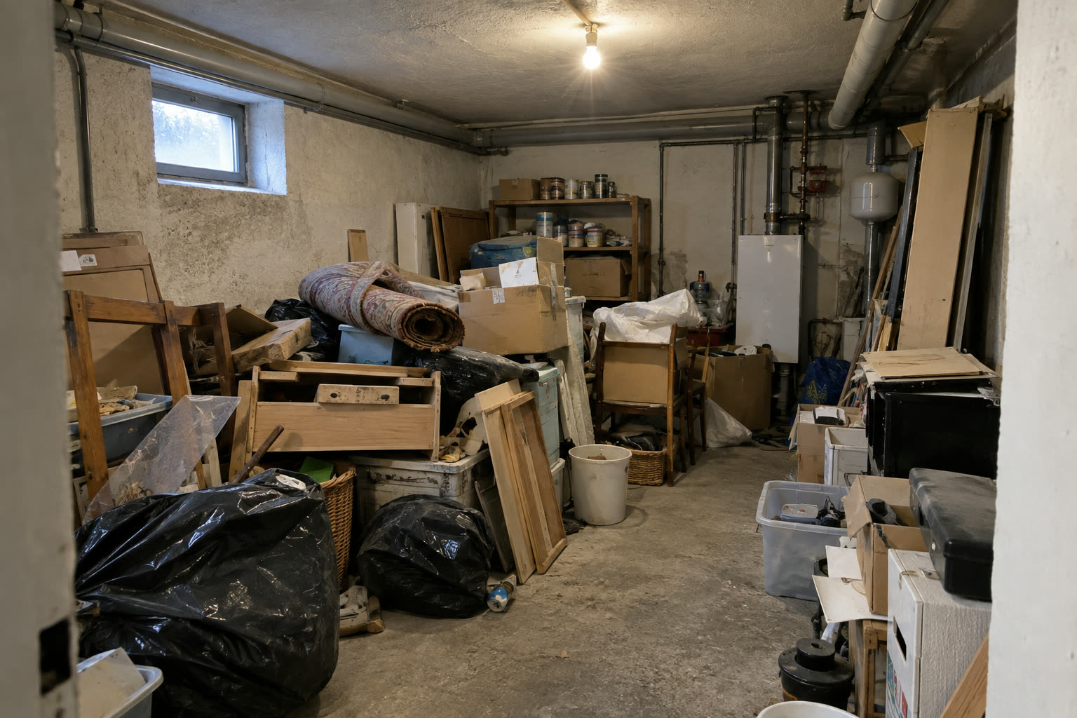 Kellerraum vollgestellt mit Holzmöbeln, Kartons, Teppichrollen, Regalen und schwarzen Müllsäcken