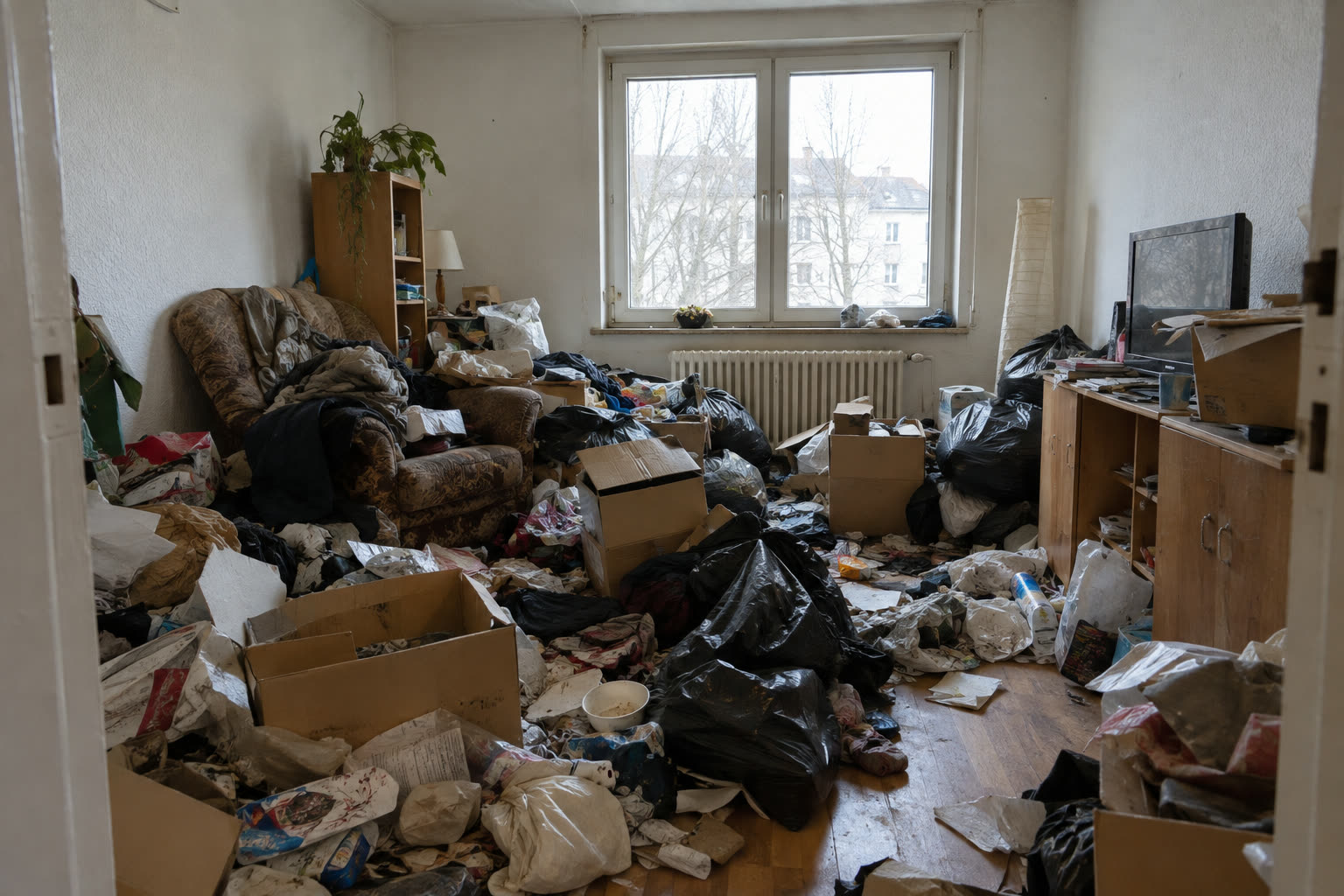 Wohnzimmer voller Müllsäcke, Kartons, Papier und eines zugestellten Sessels, der Boden ist nicht zu sehen